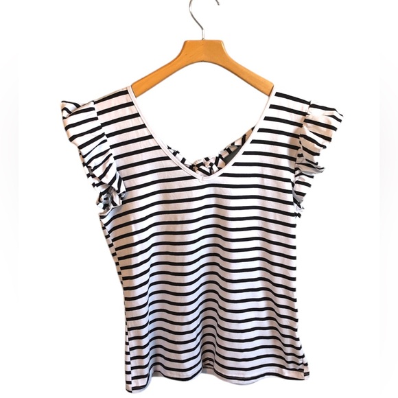 White Black Stripe Flutter Short Sleeve V-Neck Top Scoop Back and Tie Medium - Picture 1 of 7